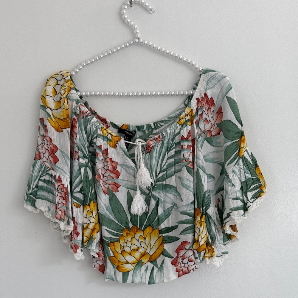 Forever 21 Floral Print Crop Top with Tassels